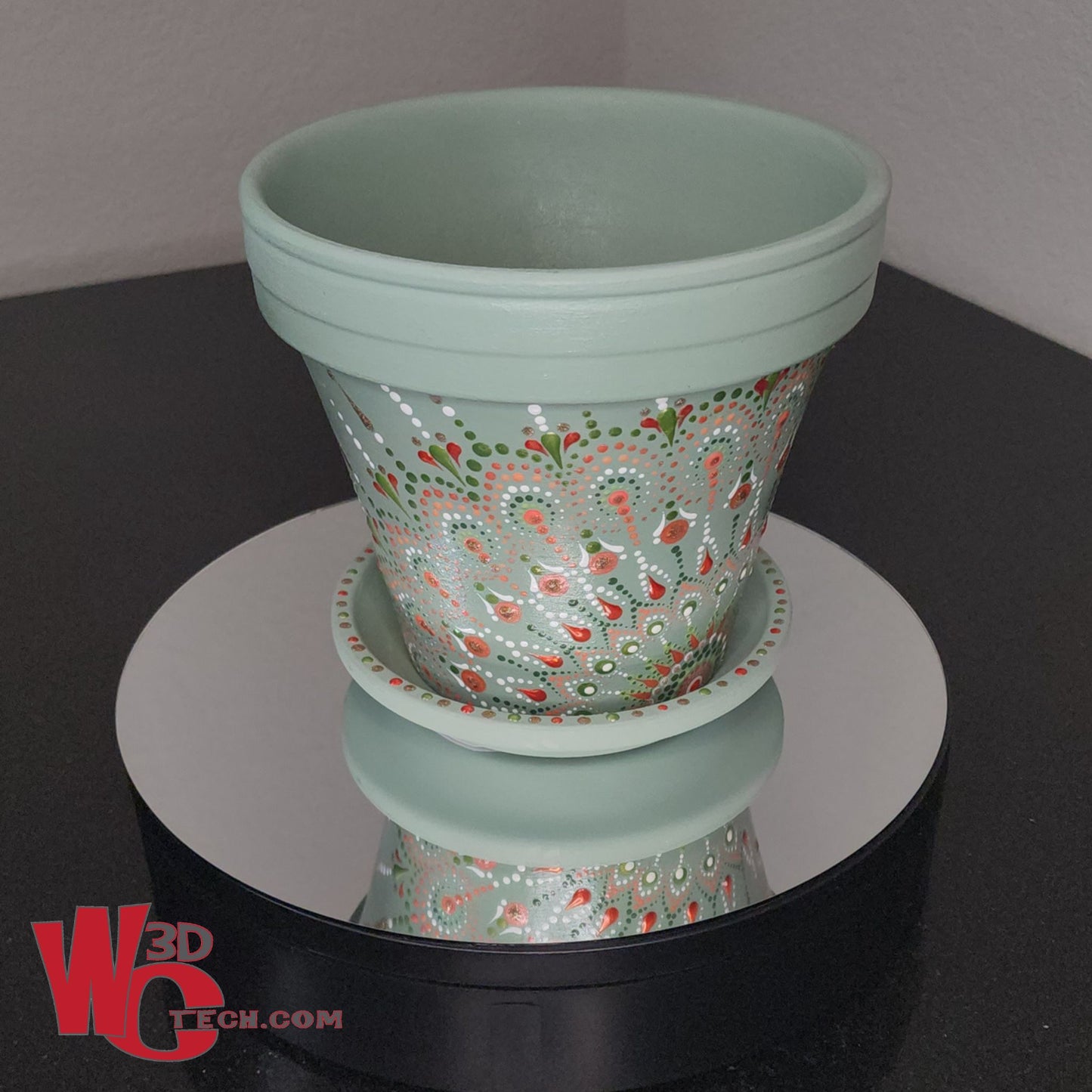 *Coral Mint 8" Hand Painted Mandala Terracotta Flower Pot w/Saucer