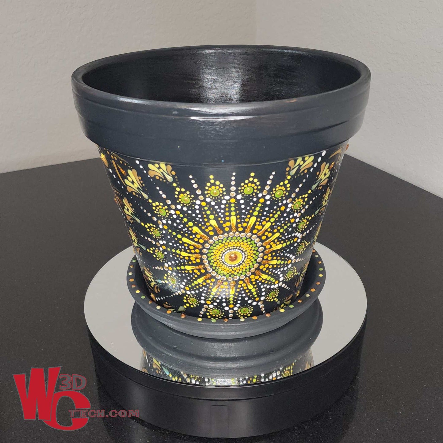 *Sunburst 10" Hand Painted Mandala Terracotta Flower Pot w/Saucer