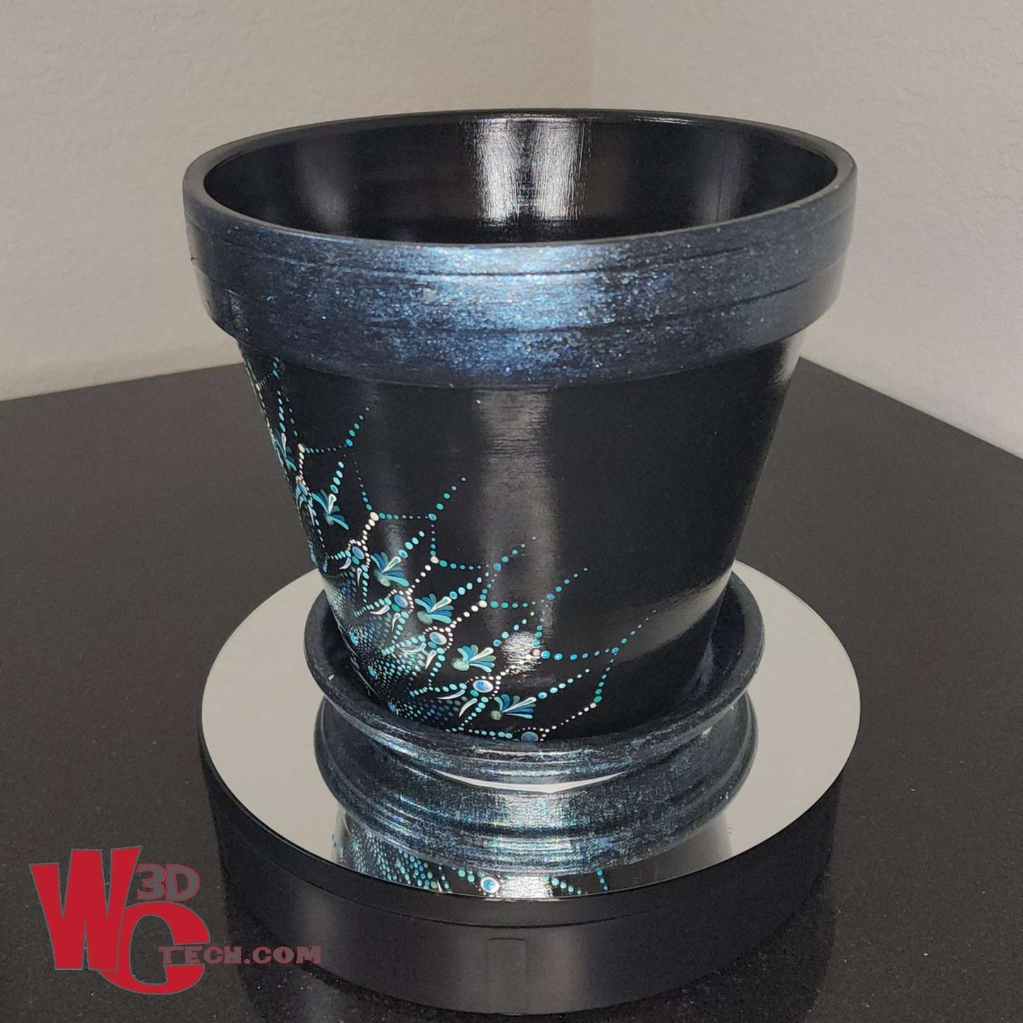 Black Sapphire 10" Hand Painted Mandala Terracotta Flower Pot w/Saucer