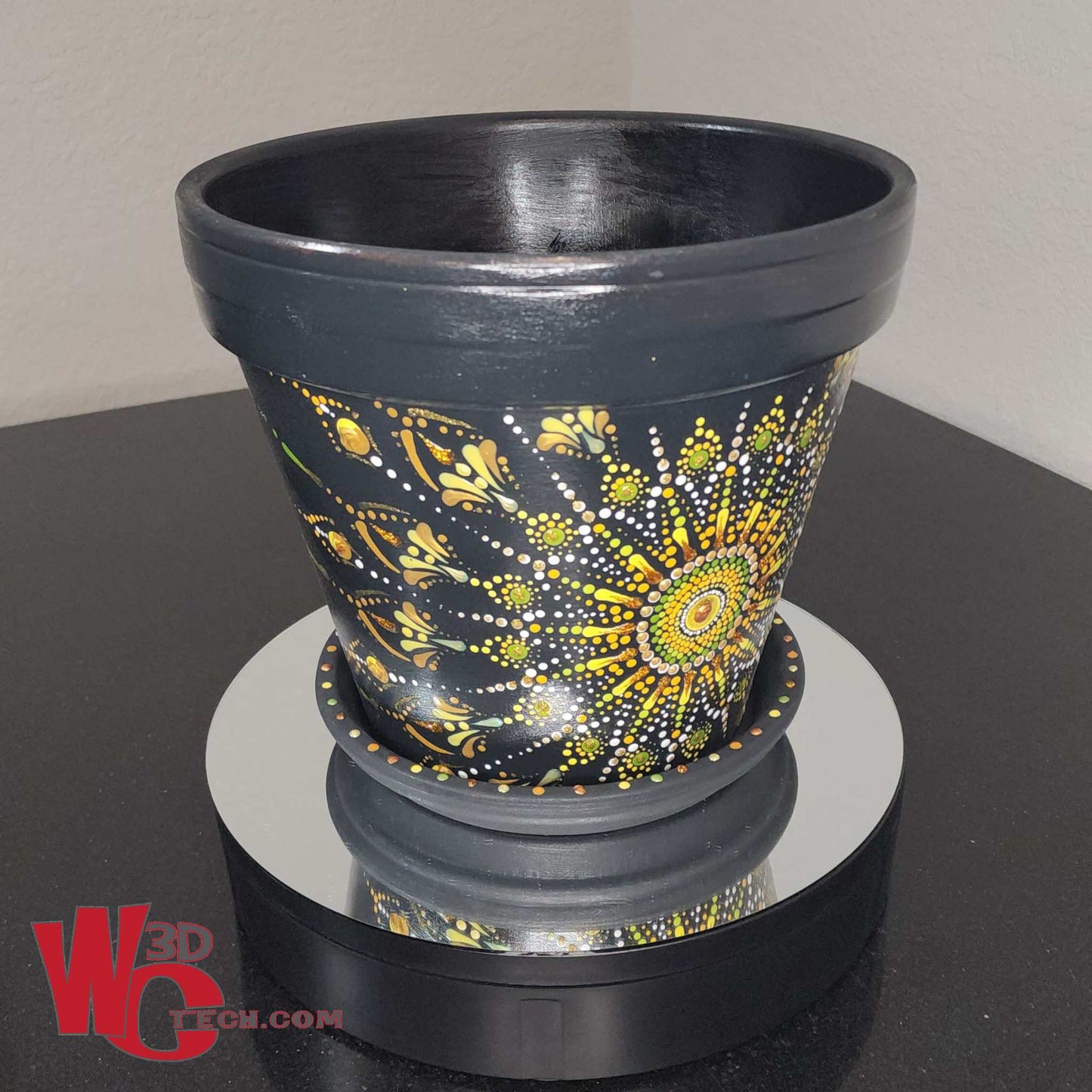 *Sunburst 10" Hand Painted Mandala Terracotta Flower Pot w/Saucer
