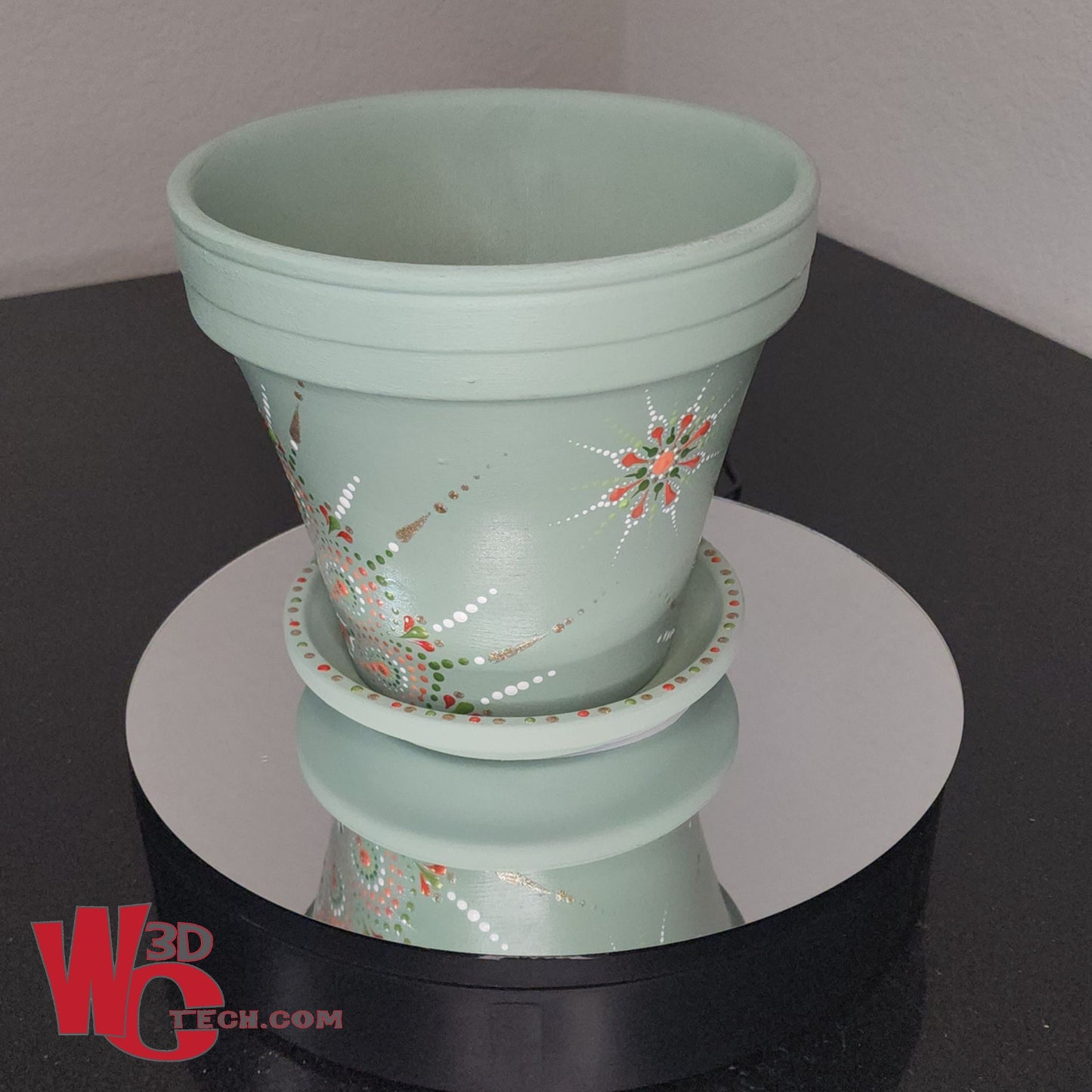 *Coral Mint 8" Hand Painted Mandala Terracotta Flower Pot w/Saucer