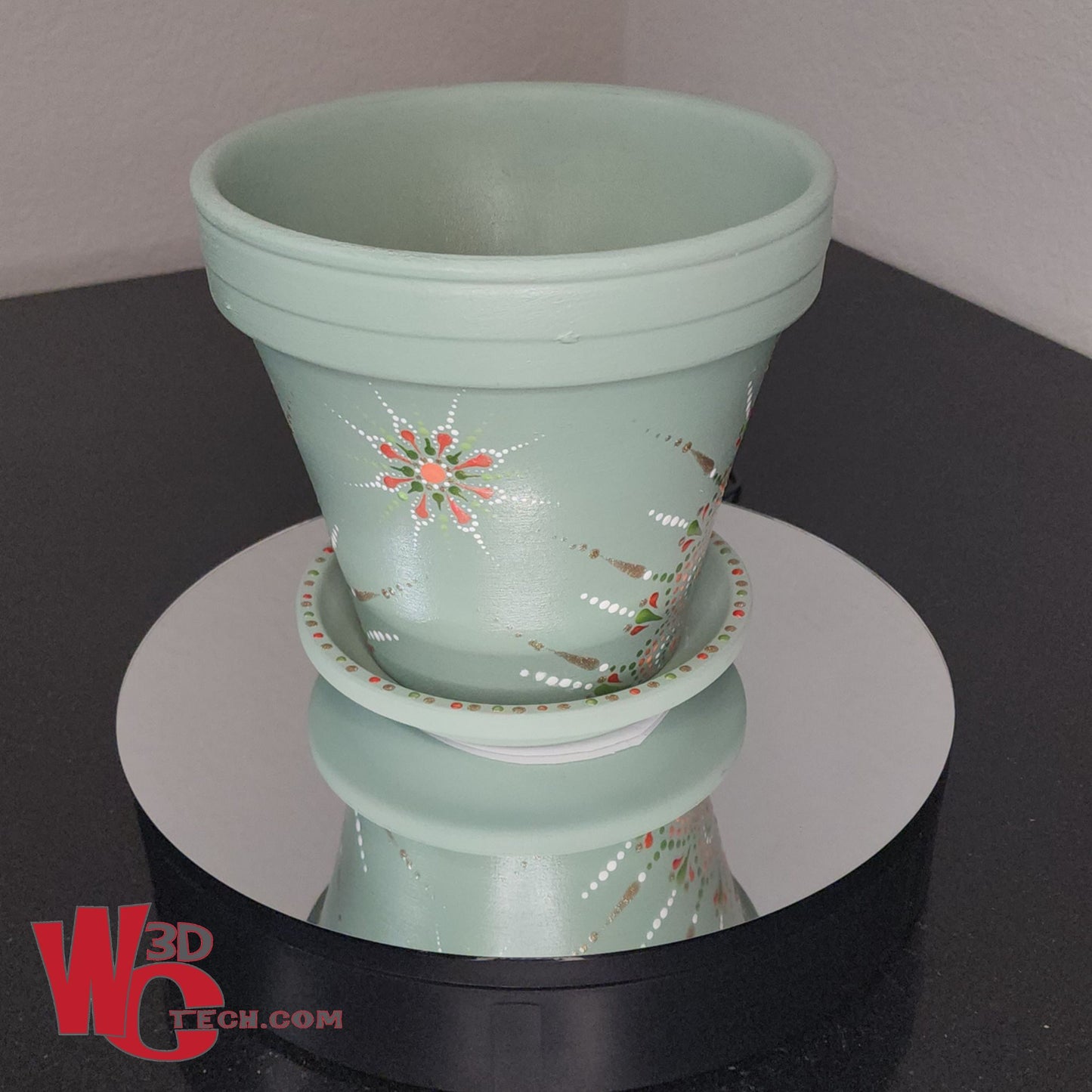 *Coral Mint 8" Hand Painted Mandala Terracotta Flower Pot w/Saucer