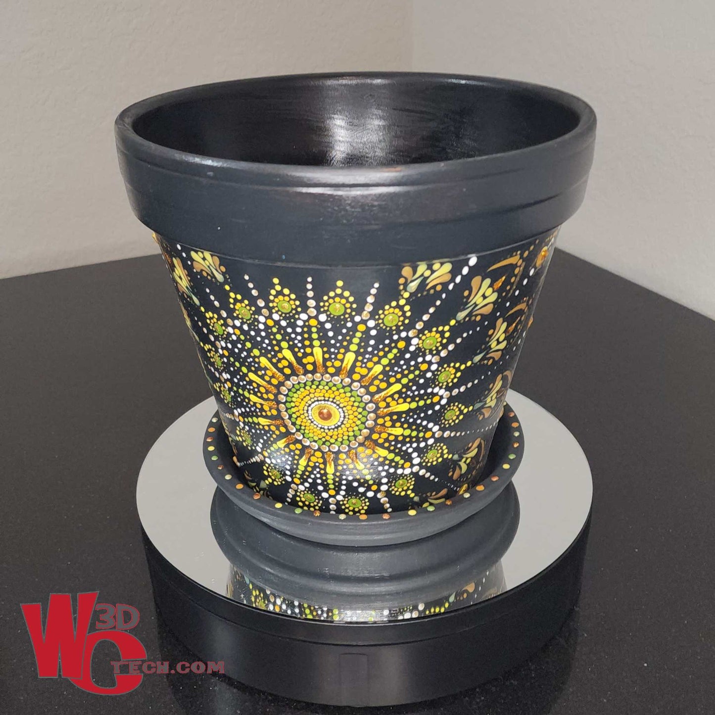 *Sunburst 10" Hand Painted Mandala Terracotta Flower Pot w/Saucer