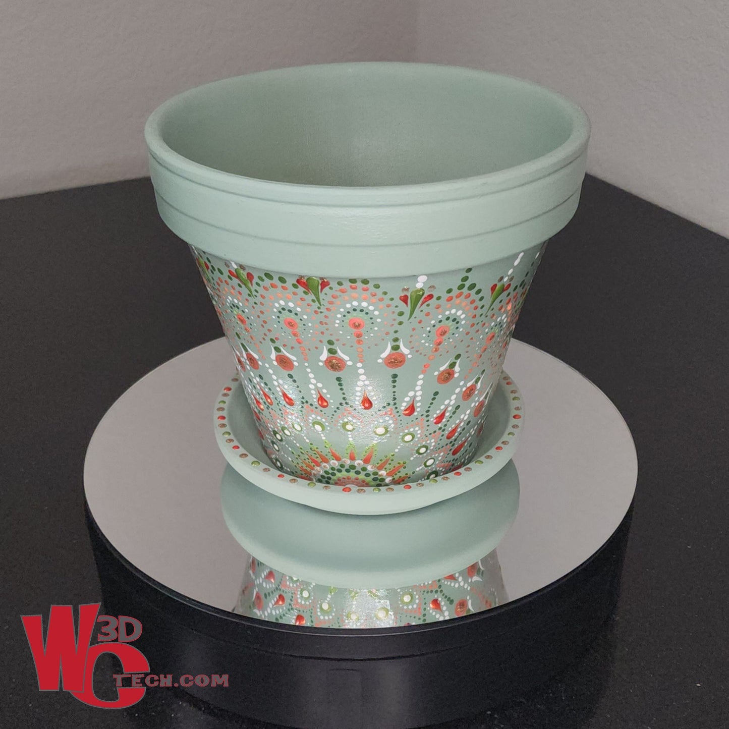 *Coral Mint 8" Hand Painted Mandala Terracotta Flower Pot w/Saucer