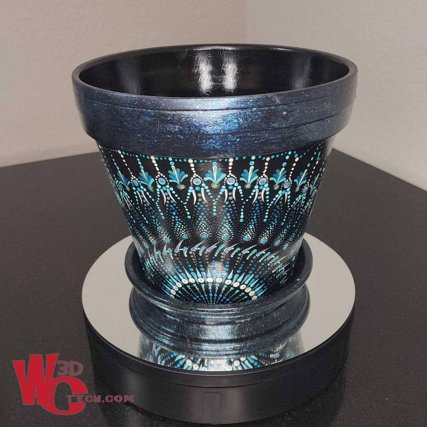 Black Sapphire 10" Hand Painted Mandala Terracotta Flower Pot w/Saucer