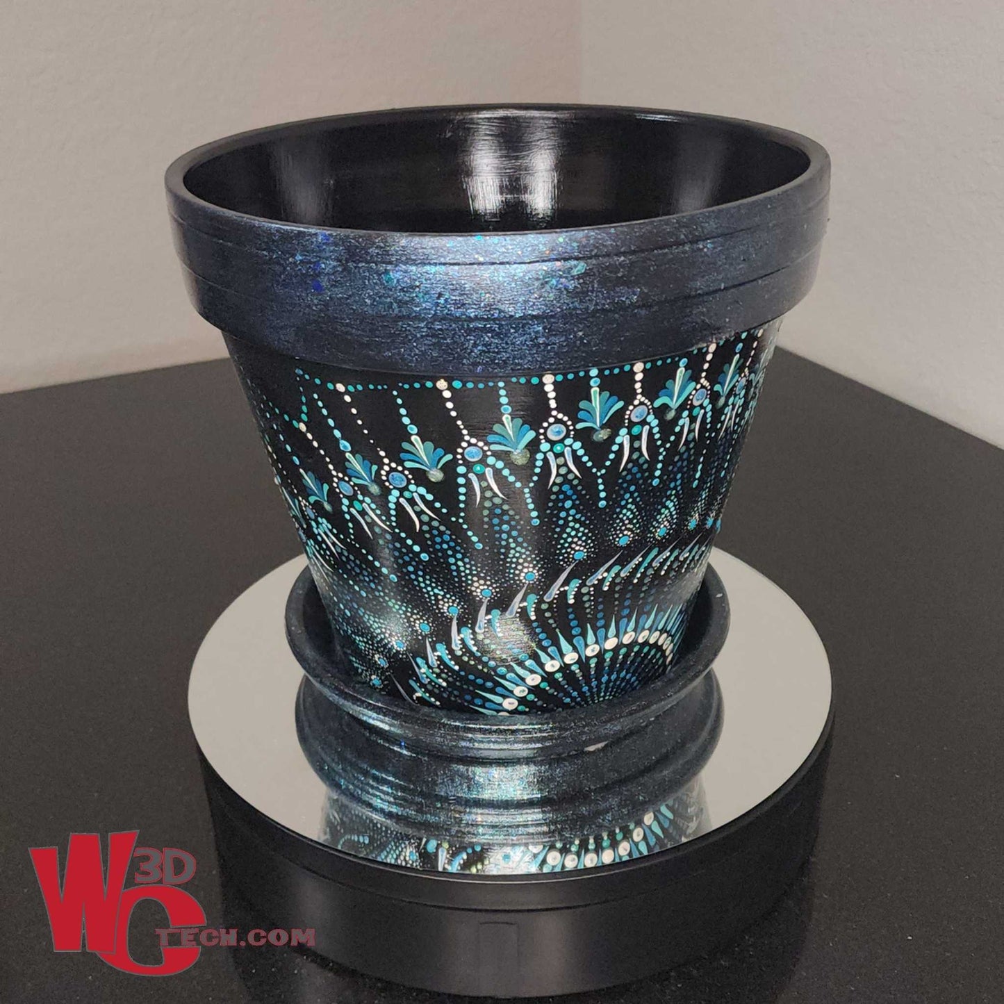 Black Sapphire 10" Hand Painted Mandala Terracotta Flower Pot w/Saucer