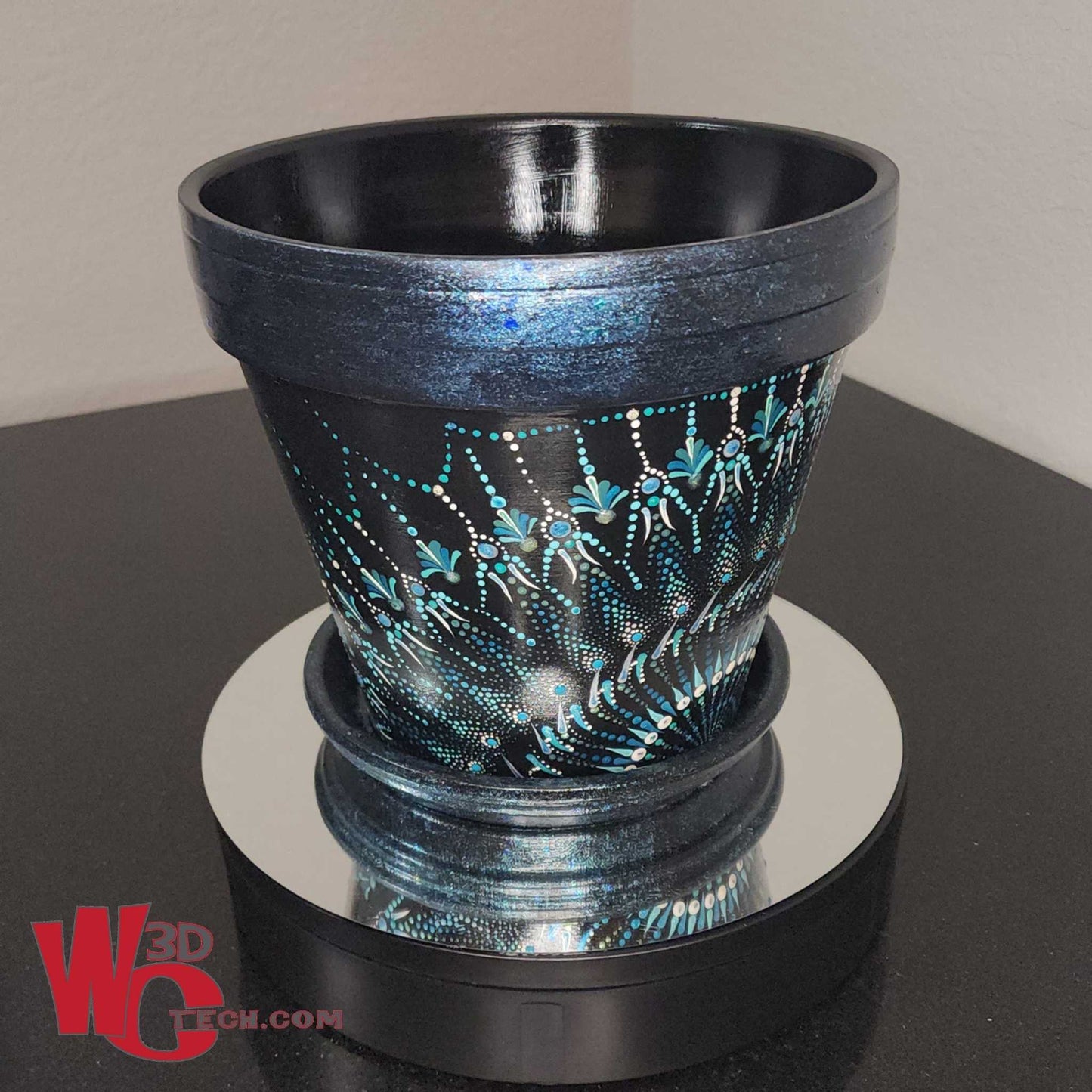 Black Sapphire 10" Hand Painted Mandala Terracotta Flower Pot w/Saucer