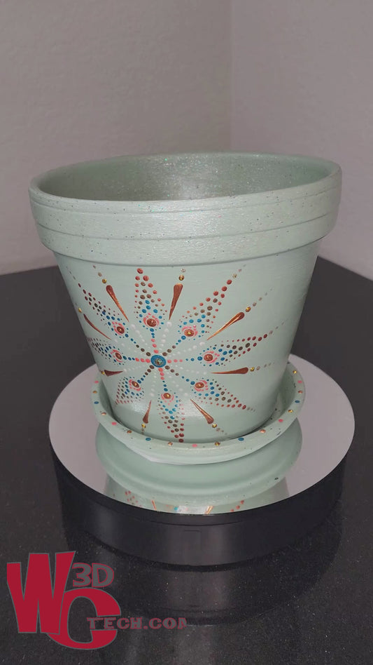 Agave Star 10" Hand Painted Mandala Terracotta Flower Pot w/Saucer