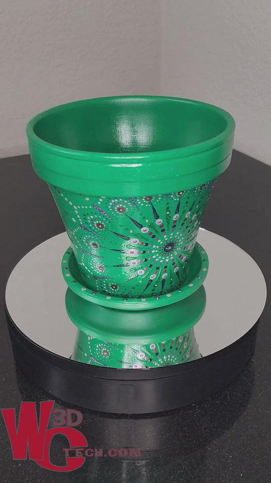 *Emerald 8" Hand Painted Mandala Terracotta Flower Pot w/Saucer