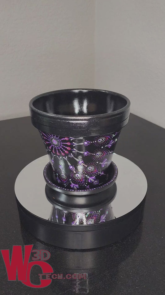 *Black Iris 8" Hand Painted Mandala Terracotta Flower Pot w/Saucer