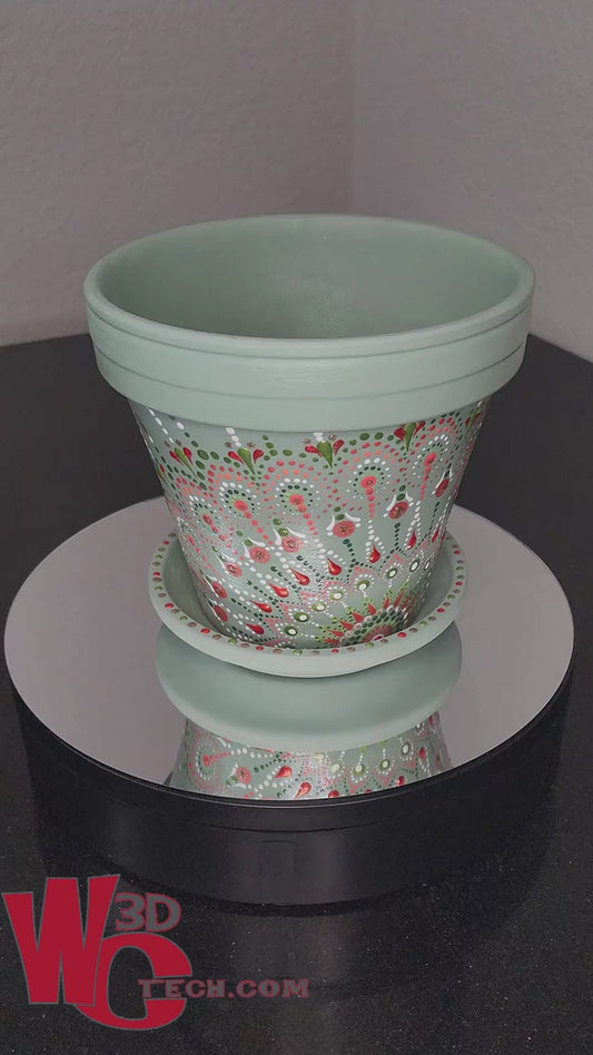 *Coral Mint 8" Hand Painted Mandala Terracotta Flower Pot w/Saucer